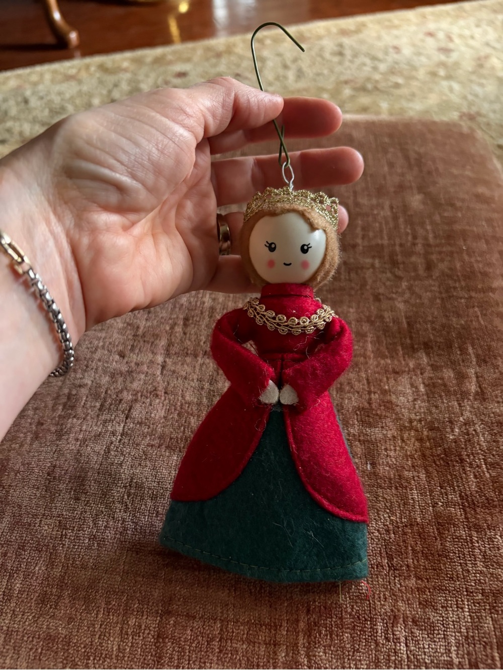 Handcrafted Felt Holiday Doll Ornament EUC vintage handpainted face